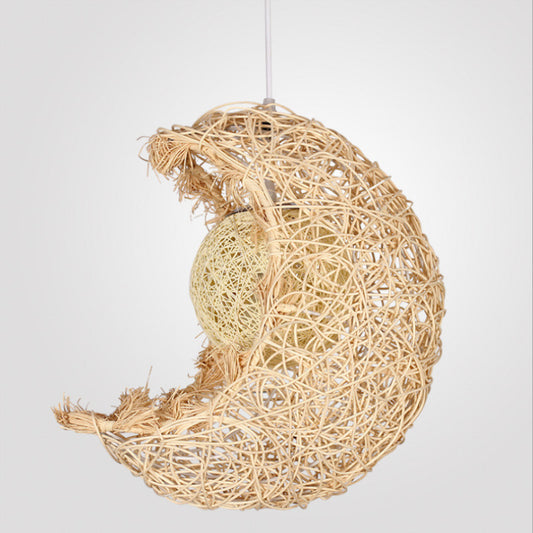 Moon-Shaped Rattan Chandelier / Without Light Source / Brown