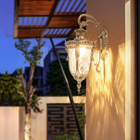 IP65 Ribbed Glass Outdoor Wall Light / L 9.1” x W 6.3” x H 16.9” / Brass / Set of 2