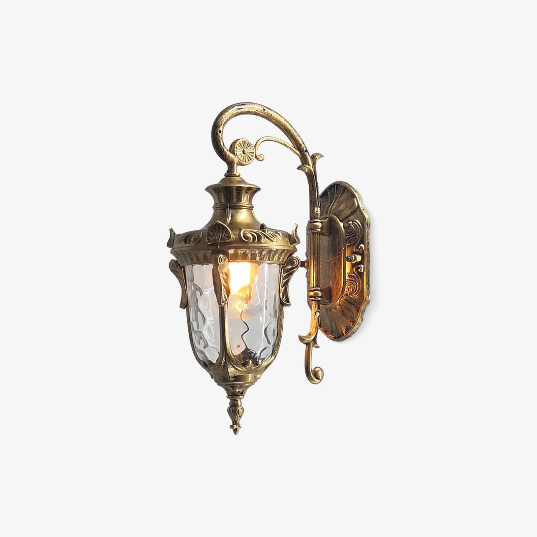 IP65 Ribbed Glass Outdoor Wall Light / L 9.1” x W 6.3” x H 16.9” / Brass / Single