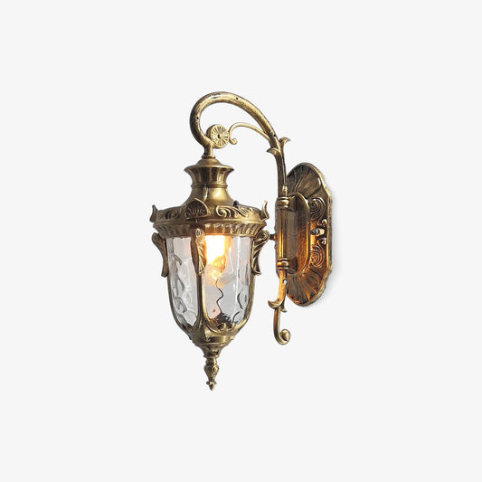 IP65 Ribbed Glass Outdoor Wall Light / L 9.1” x W 6.3” x H 16.9” / Brass / Single